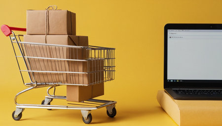 Shopping cart with boxes on a yellow background. Online shopping concept.の素材