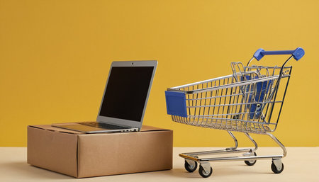 Shopping cart and laptop on yellow background. Online shopping concept.の素材