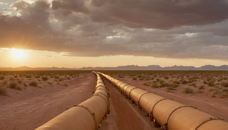 Oil pipeline in the middle of the Namib desert at sunset.の素材