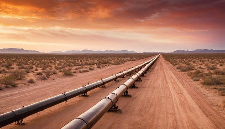 Oil pipeline in the middle of the desert at sunset, Namibiaの素材