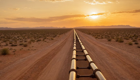A high angle shot of a road going through the desert at sunsetの素材