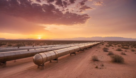 Oil pipeline at sunset in the desert of Namibia, Africa.の素材