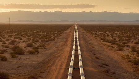 A high angle shot of a road in the middle of the desertの素材