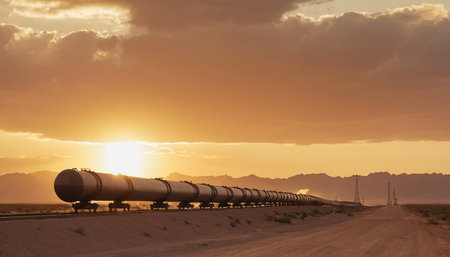 Oil tank cars on the road at sunset in the desert of Egyptの素材