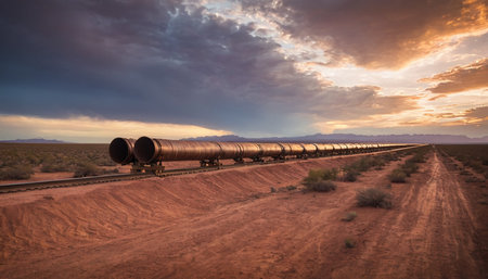 Oil pipeline in the desert at sunset, Utah, United States.の素材