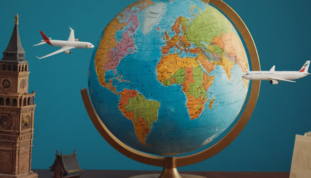 Traveling around the world concept. Globe, airplane and tower of the clockの素材