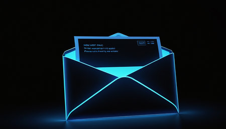 3d rendering of envelope with blue neon light on black background.の素材