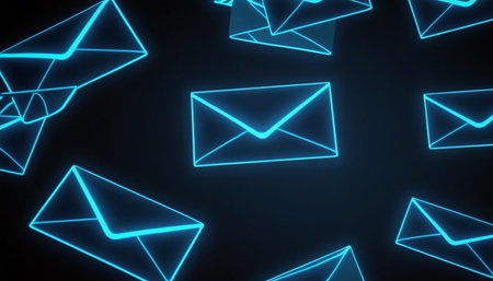 Glowing blue envelopes on a dark background. 3D renderingの素材