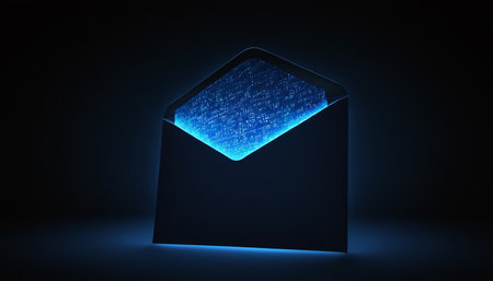 Digital mail icon in blue light on dark background. 3D renderingの素材