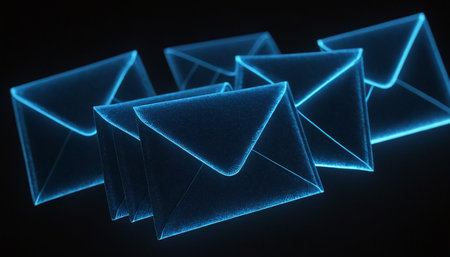 Blue mail envelopes on a black background. 3D Renderingの素材