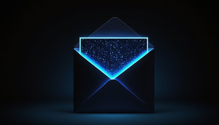 Glowing blue email icon on dark background. 3D Renderingの素材