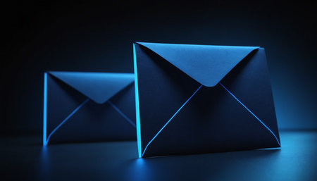 Two blue envelopes on a black background. 3d rendering.の素材