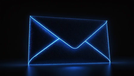 3d rendering of envelope with blue neon lights on a black backgroundの素材