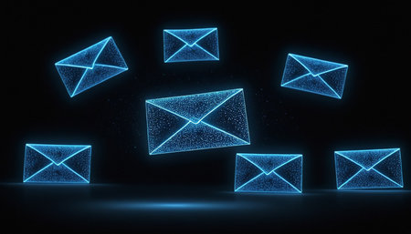Glowing blue envelopes on black background. 3D rendering.の素材