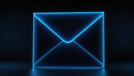 Blue neon envelope on a black background. 3d rendering toned imageの素材