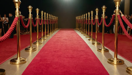 Red carpet and golden stanchions in the interior of the theaterの素材