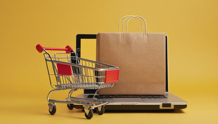 Shopping cart and laptop on yellow background. Online shopping concept.の素材