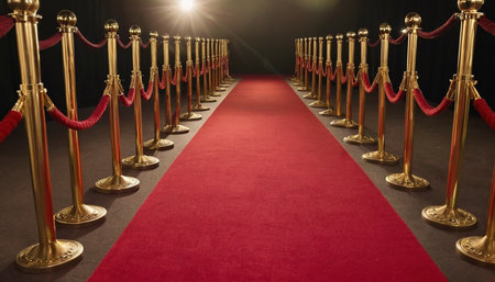 Red carpet and golden stanchions in a row. 3D renderingの素材
