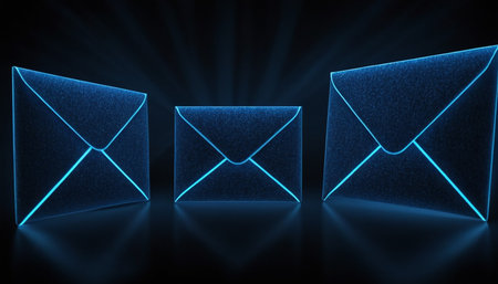 three blue envelopes with glowing lines on dark background, 3d renderの素材