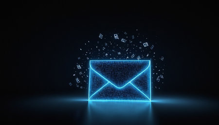 3d rendering of envelope with flying music notes in the dark backgroundの素材