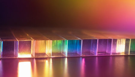 Macro shot of a stack of colorful glass cubes in a rowの素材