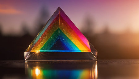 Colorful crystal pyramid on a wooden background. Selective focus.の素材