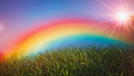 rainbow over green grass and blue sky with sun rays, natural backgroundの素材