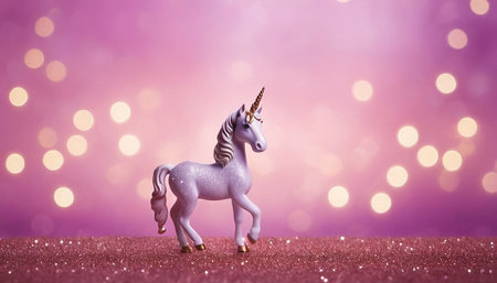 Unicorn on pink glitter background with bokeh effect.の素材