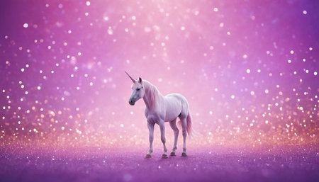 White unicorn on a purple background with bokeh and stars.の素材