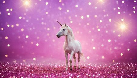White unicorn on a pink background with bokeh lights and starsの素材