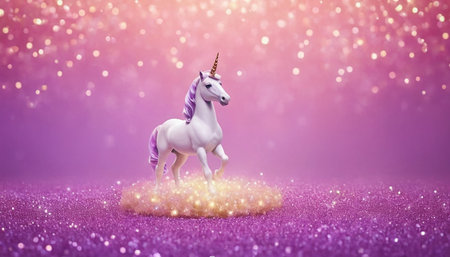 Unicorn on a glitters purple background. 3d renderingの素材