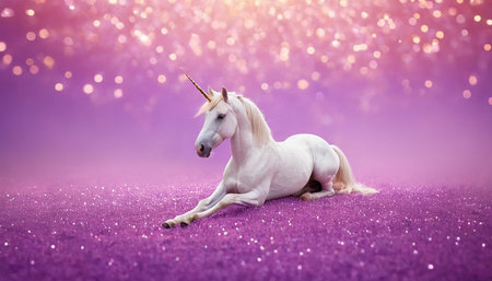 Unicorn on purple background with bokeh lights. Magic unicornの素材