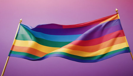 Rainbow flag on a purple background. Close-up of the LGBT flag.の素材