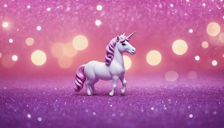 Unicorn on glitter background with bokeh lights. 3d illustrationの素材