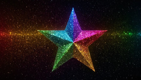 Colorful star on a dark background. 3d rendering, 3d illustration.の素材