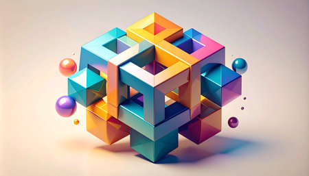 Abstract 3d rendering of geometric shape. Modern background with colorful cubes.の素材