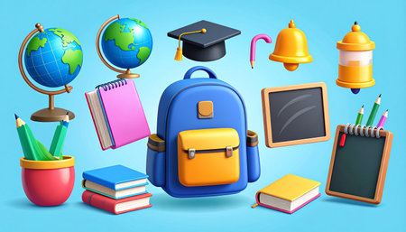 Back to school concept with schoolbag, globe, books, mortarboard, globe and school supplies on blue background vector illustrationの素材