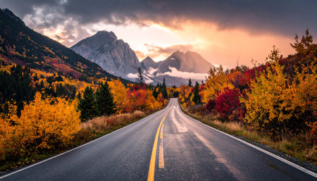 Road in the colorful autumn alpine forest at sunset, Yoho National Park, Canadaの素材