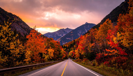 Colorful autumn alpine landscape with road and colorful forest at sunset.の素材