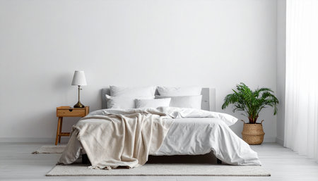 Interior of modern bedroom with white walls, carpet and wooden bedの素材