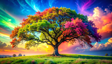 Colorful tree in the meadow at sunset. Nature background.の素材