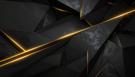 3d rendering of abstract geometric shape with golden lines in dark backgroundの素材