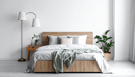 Interior of modern bedroom with white walls, wooden floor and comfortable king size bedの素材