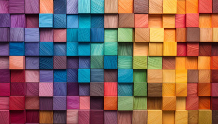 Colorful wooden background. Multicolored wooden cubes in rows.の素材