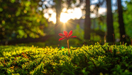 Red flower on green moss in the forest at sunset. Beautiful nature background.の素材