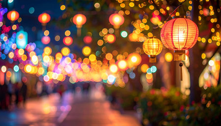 Colorful chinese lanterns in the night street, Thailand.の素材