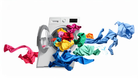 Washing machine with crumpled colorful clothes isolated on white backgroundの素材