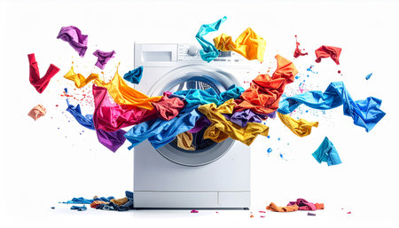 Washing machine with colorful crumpled papers flying out of itの素材