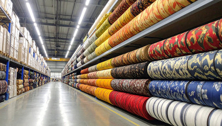 Interior of a warehouse with racks full of colorful carpets in the storeの素材