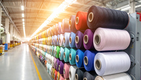 Colorful spools of thread in a textile factory, industrial backgroundの素材